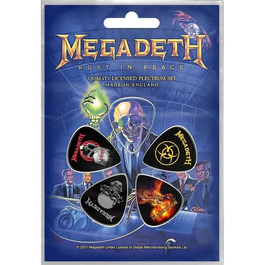 Set officiel de médiators Megadeth présenté sur carte blister 