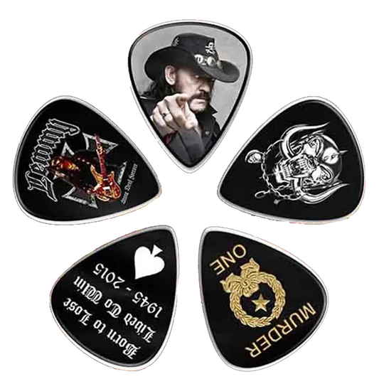 Ensemble de médiators Motorhead assortis, décorés de visuels en hommage à Lemmy
