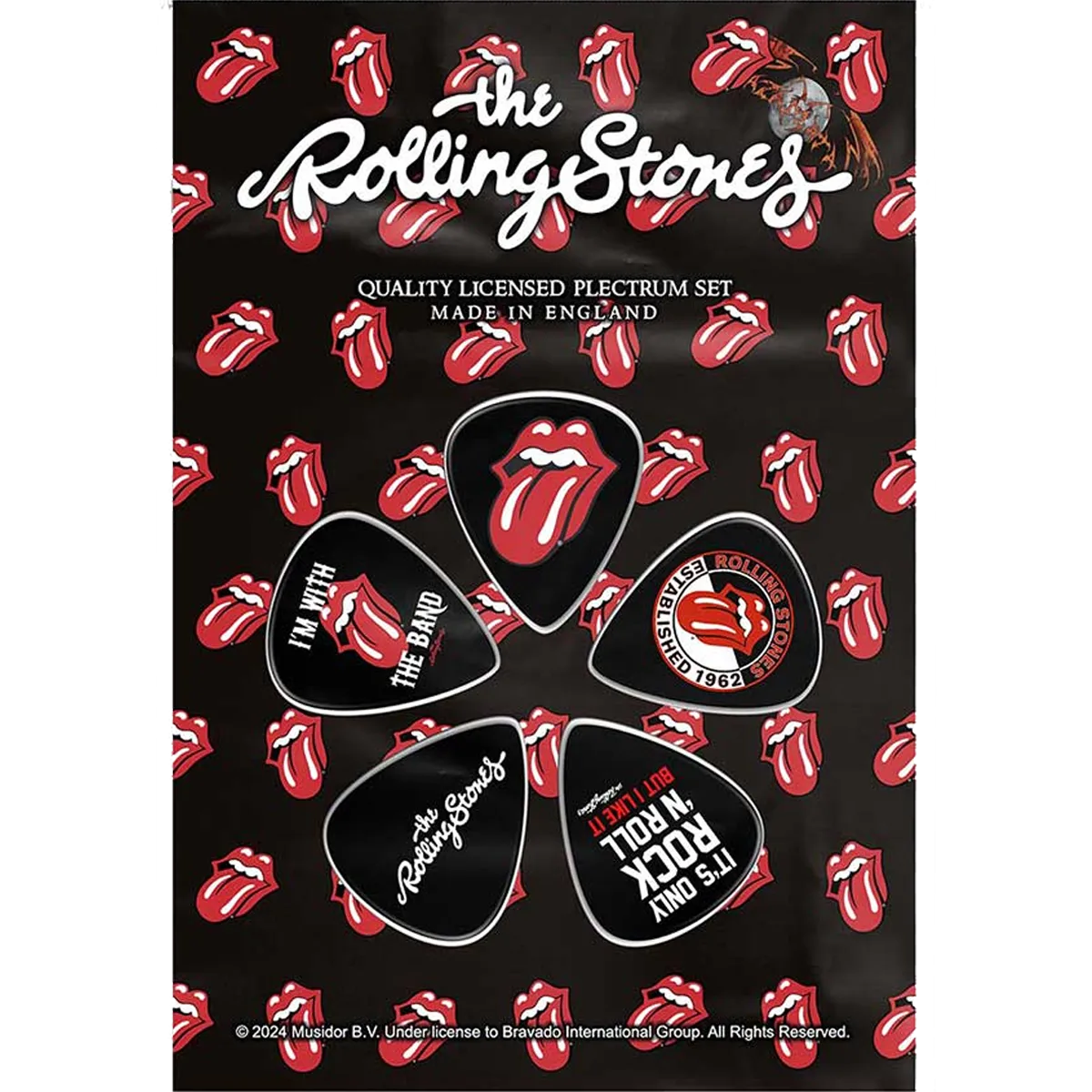 Set officiel de médiators Rolling Stones présenté sur carte blister