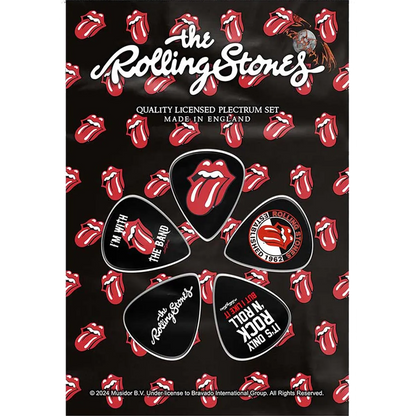 Set officiel de médiators Rolling Stones présenté sur carte blister