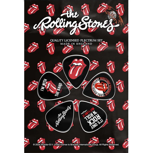Set officiel de médiators Rolling Stones présenté sur carte blister