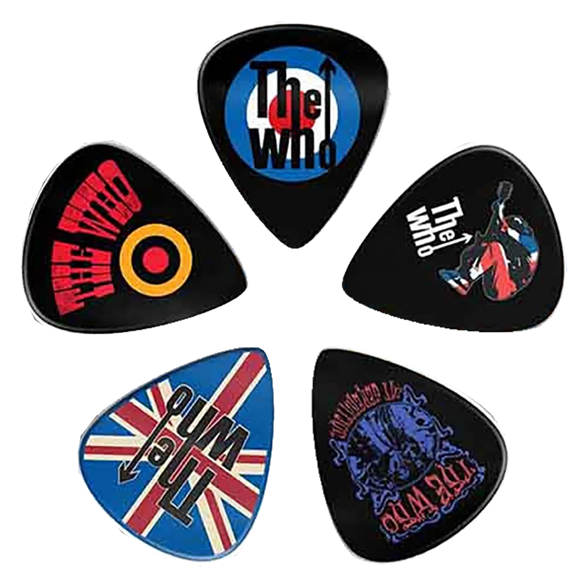 Ensemble de médiators The Who assortis, décorés de visuels divers | Set of assorted The Who guitar picks, decorated with various designs