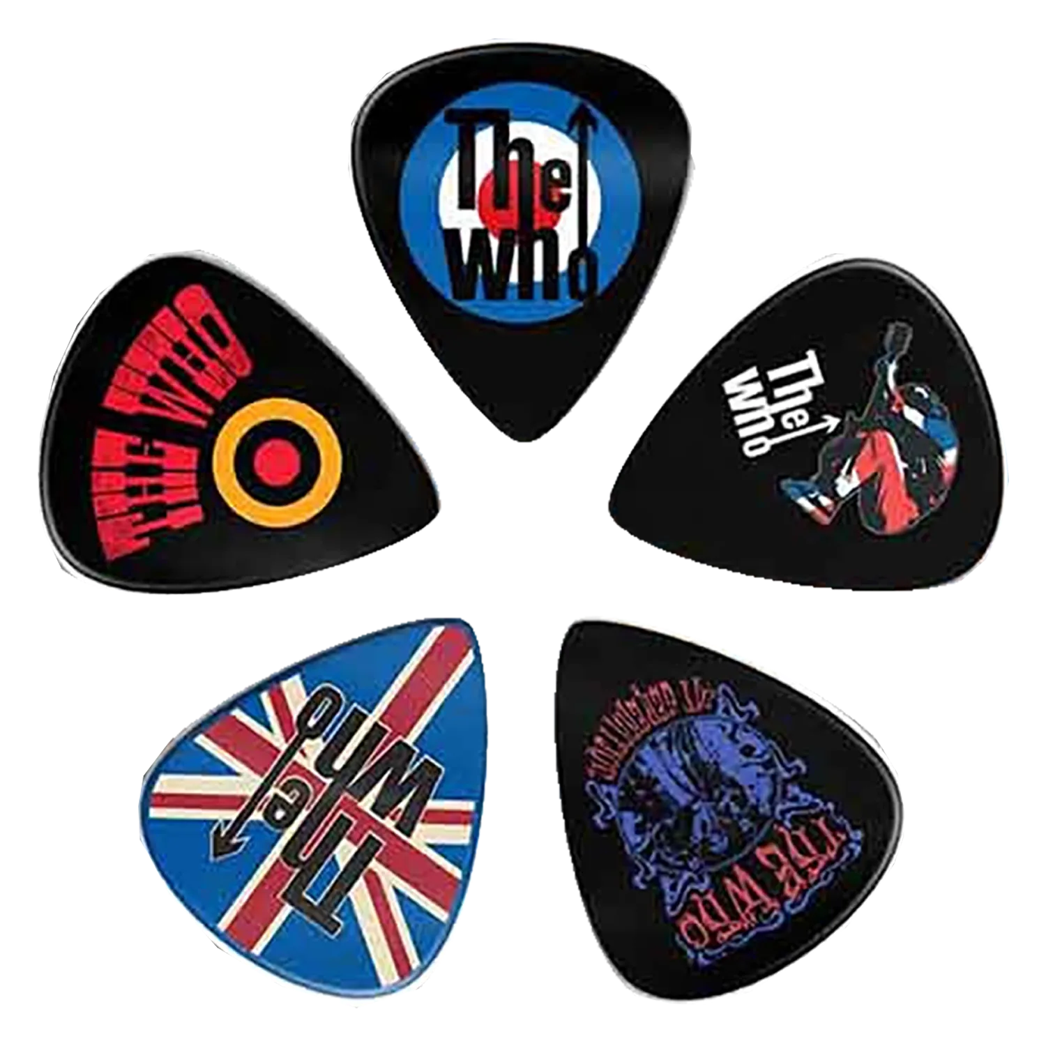 Ensemble de médiators The Who assortis, décorés de visuels divers | Set of assorted The Who guitar picks, decorated with various designs