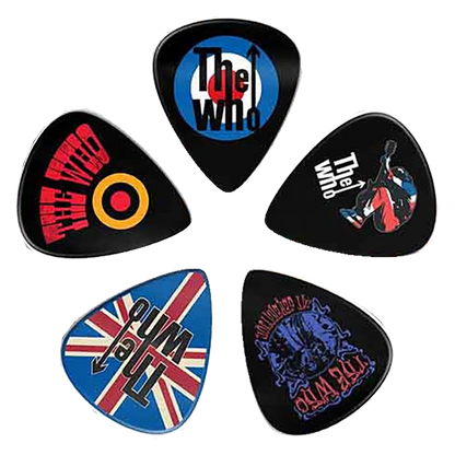 Ensemble de médiators The Who assortis, décorés de visuels divers | Set of assorted The Who guitar picks, decorated with various designs