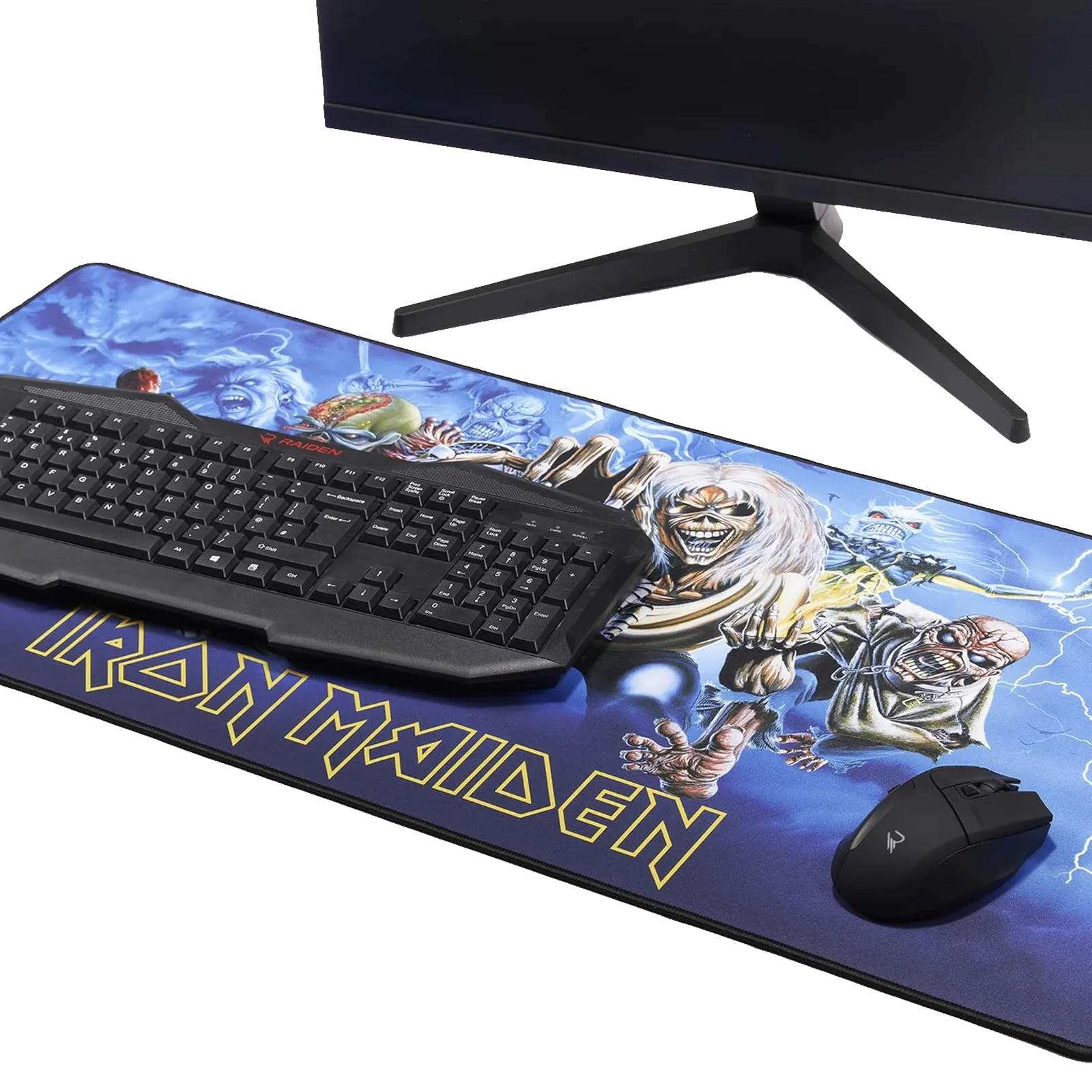 Tapis de souris XXL Iron Maiden Eddie Through the Years - installé avec clavier et souris