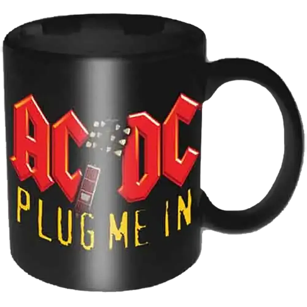 Mini tasse officielle AC/DC Plug Me In noire avec logo rouge et lettrage jaune | Official AC/DC Plug Me In black mini mug with red logo and yellow lettering