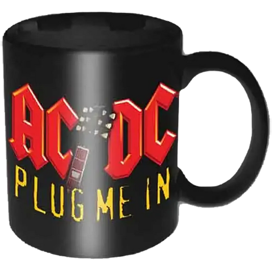 Mini tasse officielle AC/DC Plug Me In noire avec logo rouge et lettrage jaune | Official AC/DC Plug Me In black mini mug with red logo and yellow lettering