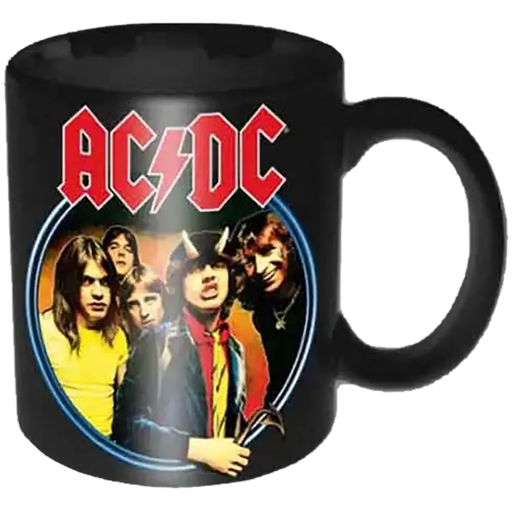 Mini tasse officielle AC/DC Highway to Hell noire avec logo rouge et portrait du groupe | Official AC/DC Highway to Hell black mini mug with red logo and band portrait