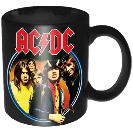 Mini tasse officielle AC/DC Highway to Hell noire avec logo rouge et portrait du groupe | Official AC/DC Highway to Hell black mini mug with red logo and band portrait