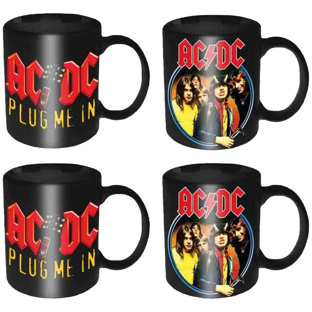Lot de 4 mini tasses officielles AC/DC Plug Me In et Highway to Hell en céramique noire | Set of 4 official AC/DC Plug Me In and Highway to Hell black ceramic mini mugs