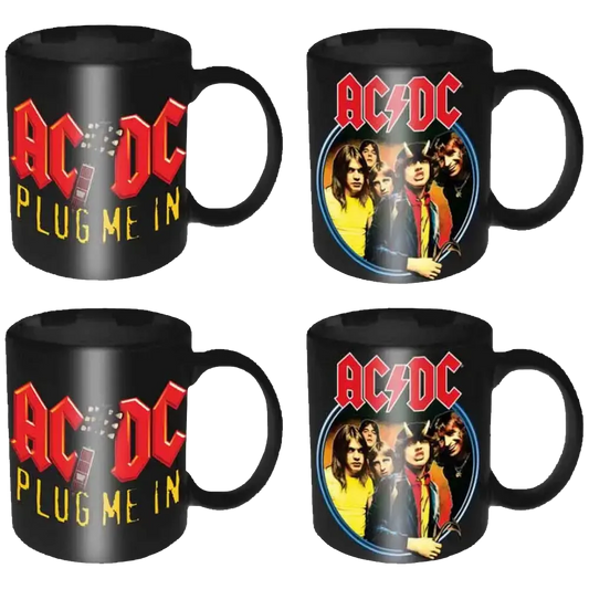 Lot de 4 mini tasses officielles AC/DC Plug Me In et Highway to Hell en céramique noire | Set of 4 official AC/DC Plug Me In and Highway to Hell black ceramic mini mugs