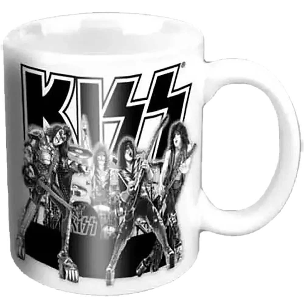 Mini tasse officielle KISS blanche avec les quatre membres du groupe et grand logo noir et blanc | Official white KISS mini mug featuring the four band members and large black and white logo