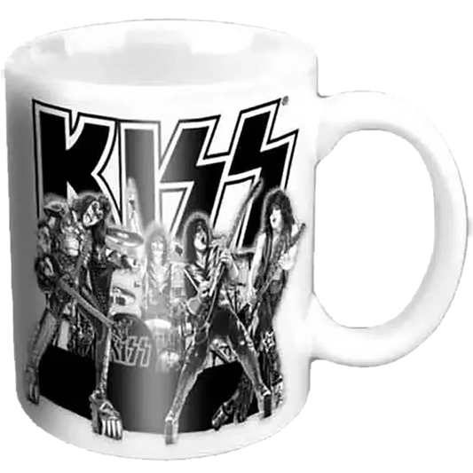 Mini tasse officielle KISS blanche avec les quatre membres du groupe et grand logo noir et blanc | Official white KISS mini mug featuring the four band members and large black and white logo