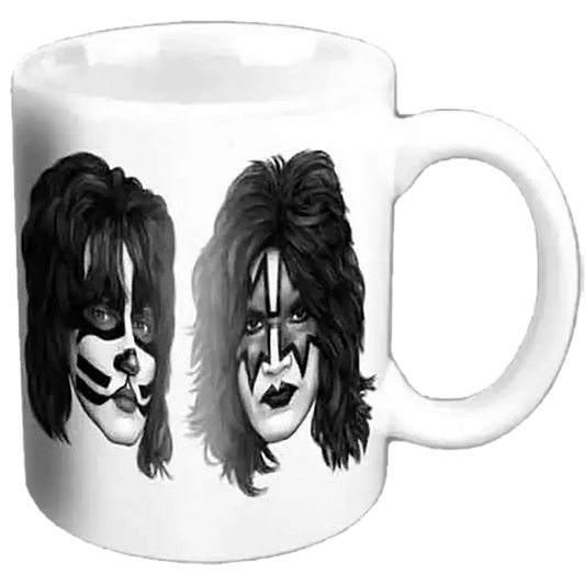 Mini tasse officielle KISS blanche avec portraits de Gene Simmons Paul Stanley Ace Frehley et Peter Criss | Official white KISS mini mug with portraits of Gene Simmons Paul Stanley Ace Frehley and Peter Criss