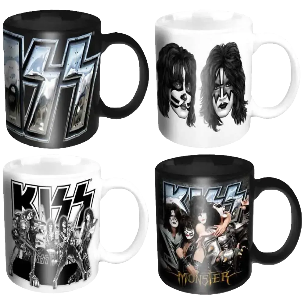 Lot de 4 mini tasses officielles KISS noires et blanches avec quatre visuels différents | Set of 4 official black and white KISS mini mugs with four different designs