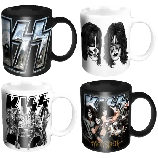 Lot de 4 mini tasses officielles KISS noires et blanches avec quatre visuels différents | Set of 4 official black and white KISS mini mugs with four different designs