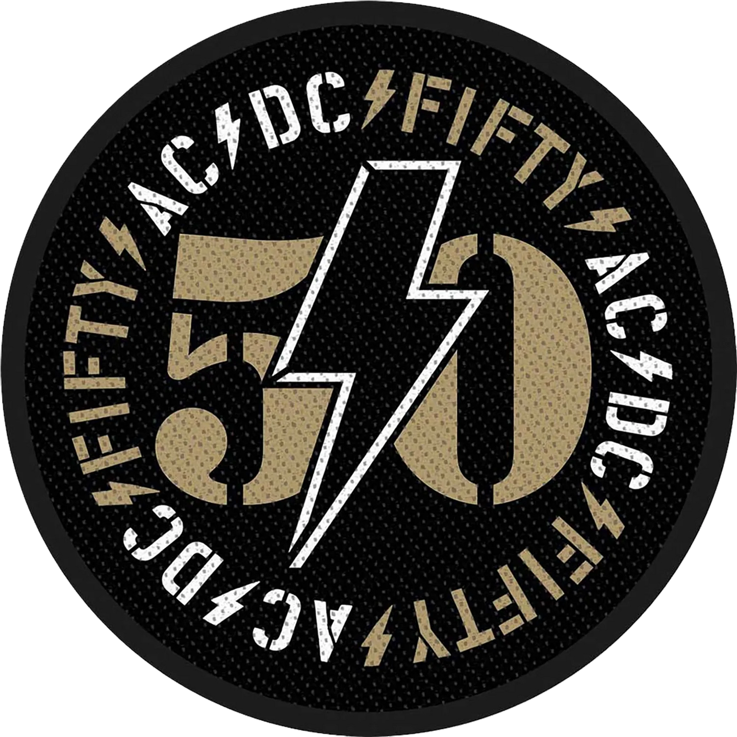 Patch officiel AC/DC 50e anniversaire rond avec logo 50 traversé par l'éclair emblématique | Official AC/DC 50th Anniversary round patch featuring the number 50 crossed by the iconic lightning bolt