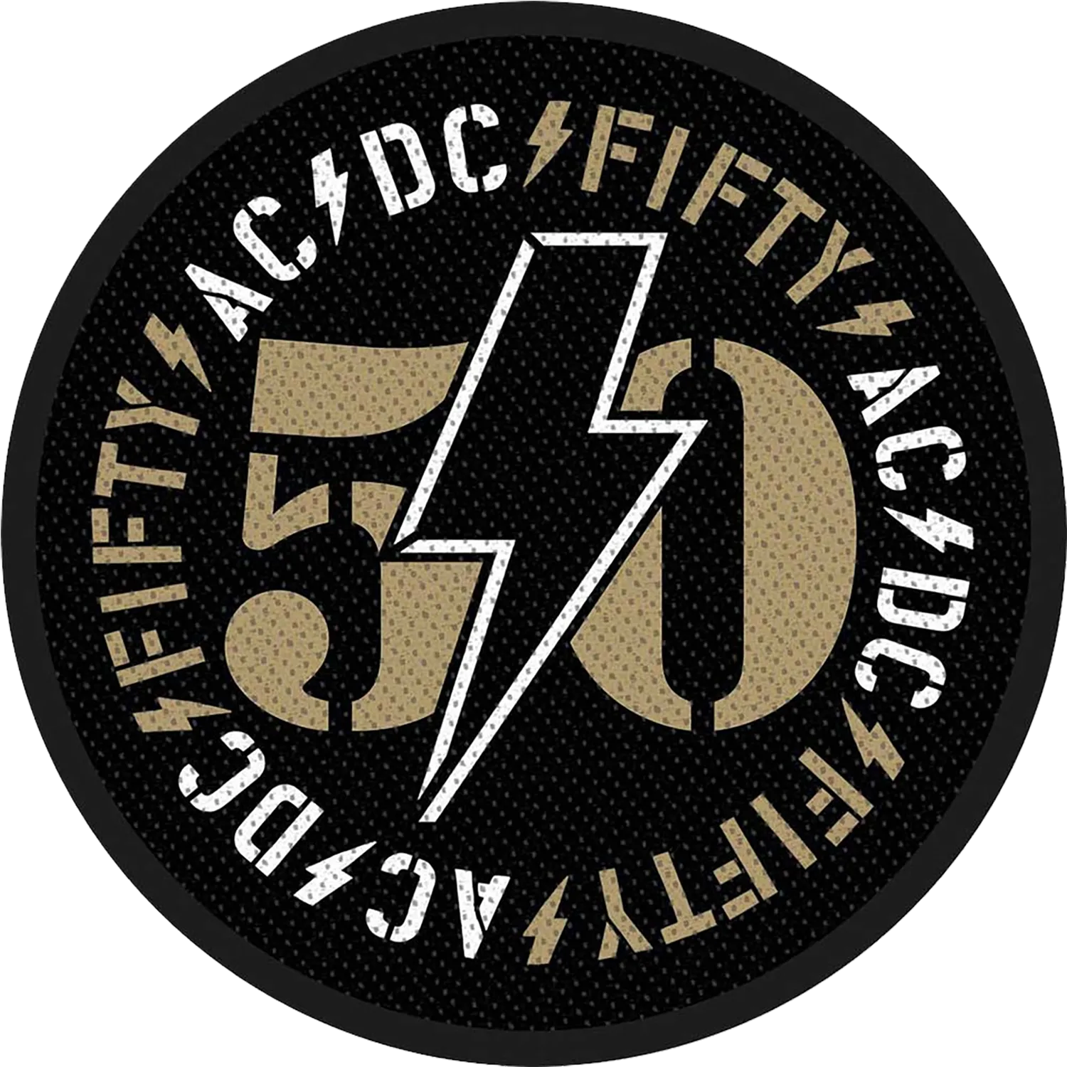 Patch officiel AC/DC 50e anniversaire rond avec logo 50 traversé par l'éclair emblématique | Official AC/DC 50th Anniversary round patch featuring the number 50 crossed by the iconic lightning bolt