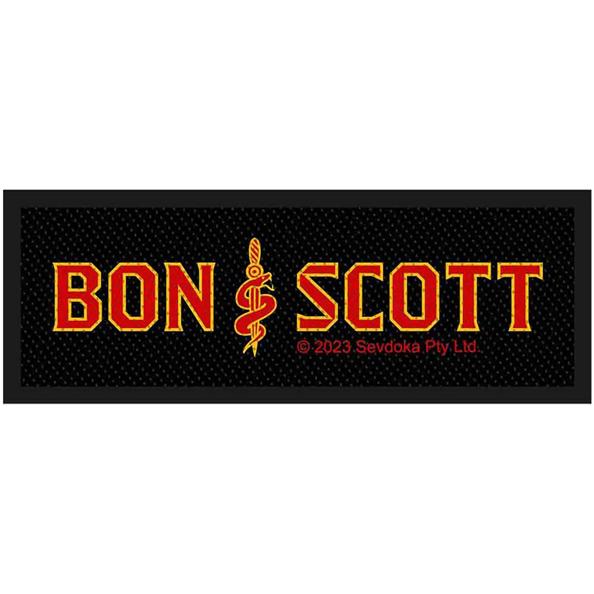 Patch officiel Bon Scott Brother Snake avec le tatouage Snake & Dagger entre les lettres rouges BON et SCOTT | Official Bon Scott Brother Snake patch featuring the Snake & Dagger tattoo between the red BON and SCOTT lettering