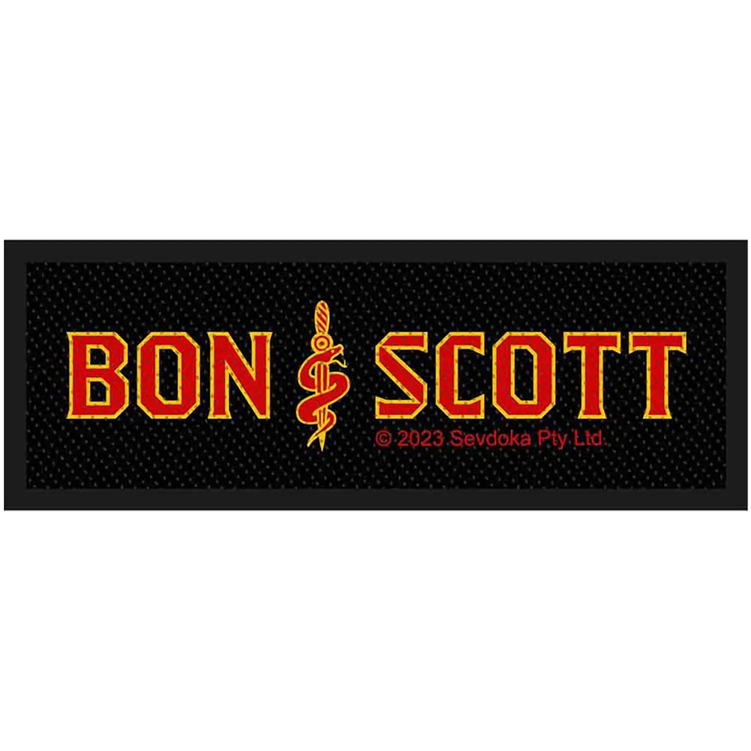 Patch officiel Bon Scott Brother Snake avec le tatouage Snake & Dagger entre les lettres rouges BON et SCOTT | Official Bon Scott Brother Snake patch featuring the Snake & Dagger tattoo between the red BON and SCOTT lettering