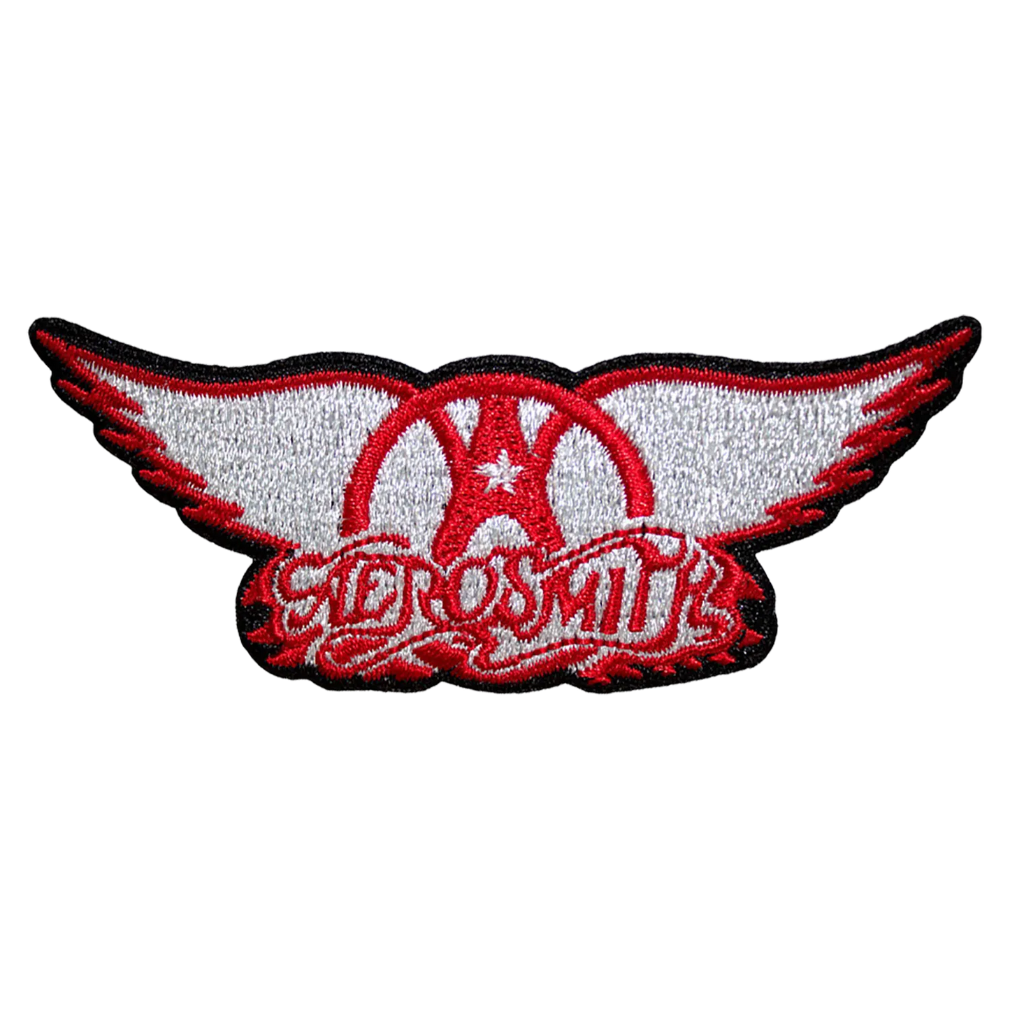 Patch Aerosmith Logo ailé brodé thermocollant 9 × 3 cm, ailes blanches et rouges avec emblème central rouge | Aerosmith Winged Logo 9 × 3 cm embroidered iron-on patch, white and red wings with red central emblem