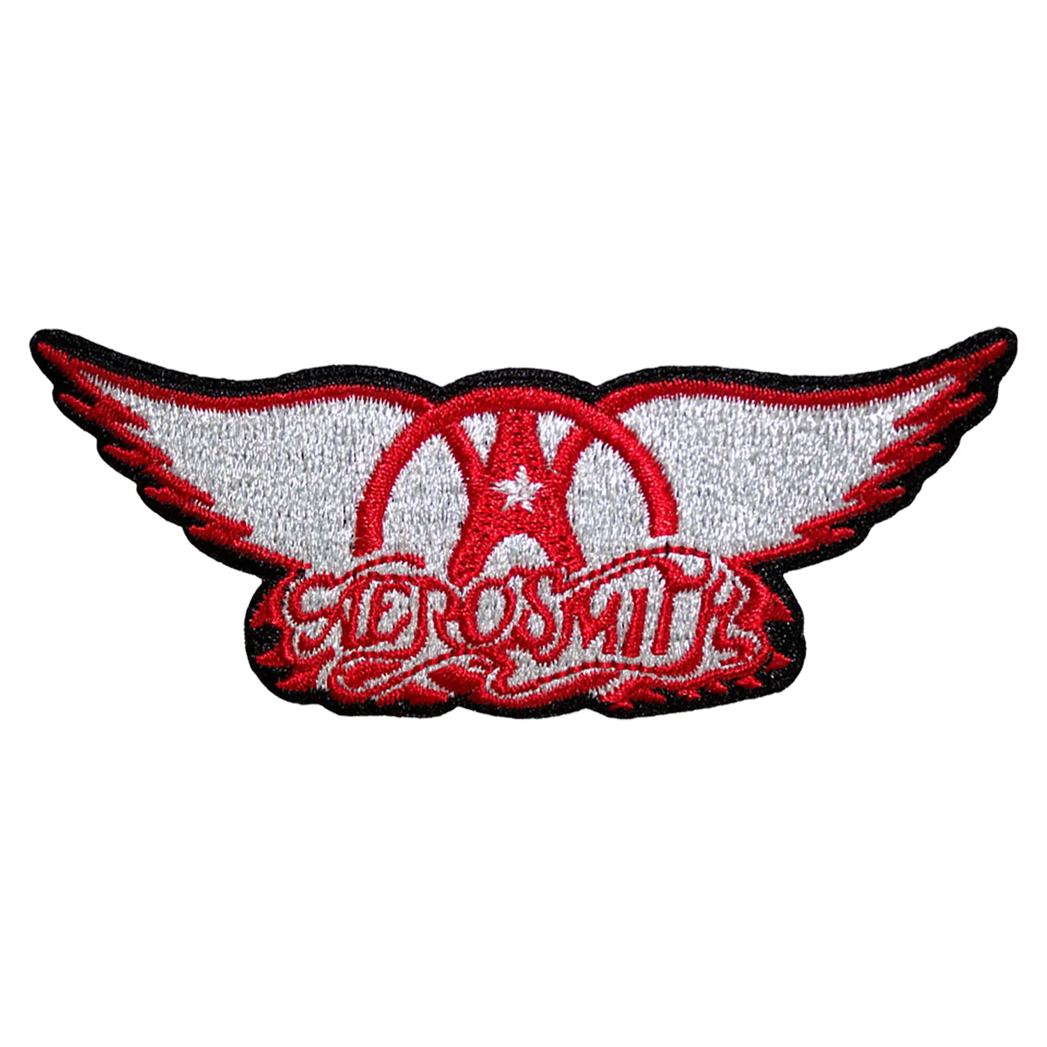 Patch Aerosmith Logo ailé brodé thermocollant 9 × 3 cm, ailes blanches et rouges avec emblème central rouge | Aerosmith Winged Logo 9 × 3 cm embroidered iron-on patch, white and red wings with red central emblem