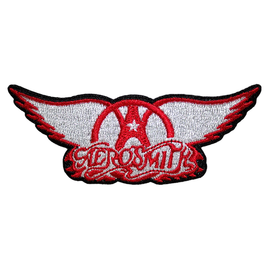 Patch Aerosmith Logo ailé brodé thermocollant 9 × 3 cm, ailes blanches et rouges avec emblème central rouge | Aerosmith Winged Logo 9 × 3 cm embroidered iron-on patch, white and red wings with red central emblem
