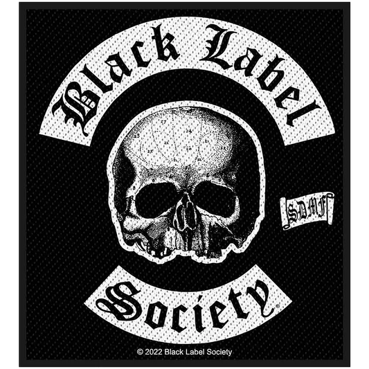 Patch à coudre officiel Black Label Society avec tête de mort centrale et design inspiré d'un back patch de club biker, 10 × 10 cm | Official Black Label Society sew-on patch featuring a central skull and a biker club-style back patch design, 10 × 10 cm