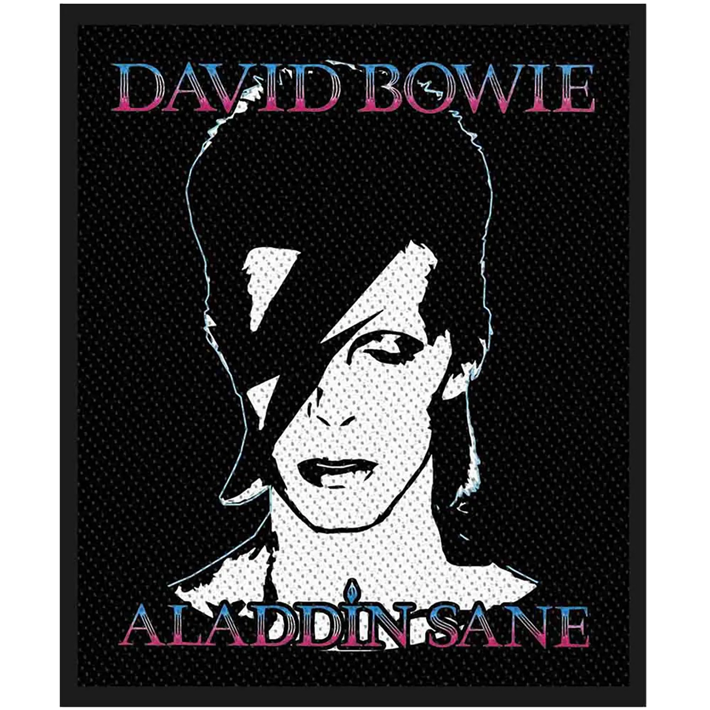 Patch officiel David Bowie Aladdin Sane avec portrait monochrome et célèbre éclair | Official David Bowie Aladdin Sane patch featuring a monochrome portrait with the iconic lightning bolt