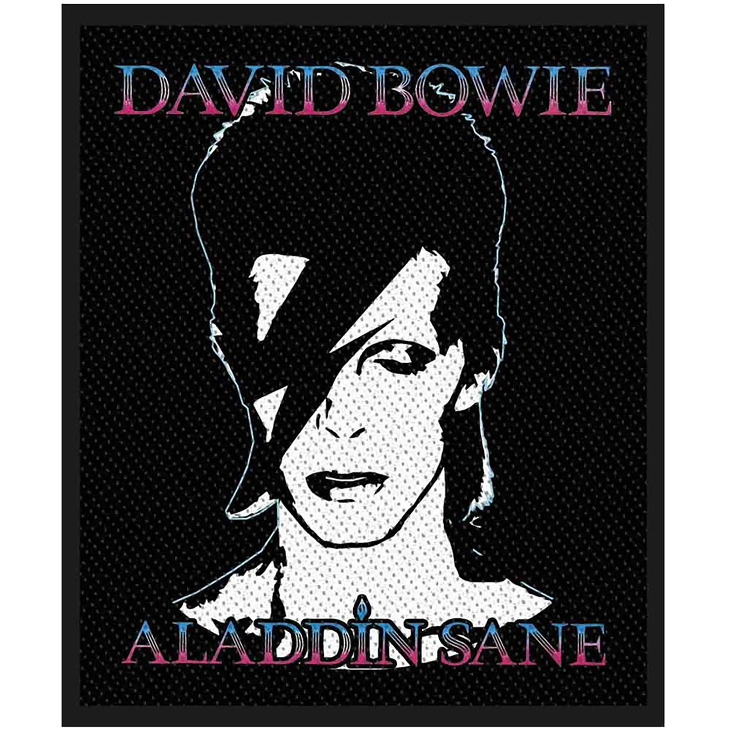 Patch officiel David Bowie Aladdin Sane avec portrait monochrome et célèbre éclair | Official David Bowie Aladdin Sane patch featuring a monochrome portrait with the iconic lightning bolt
