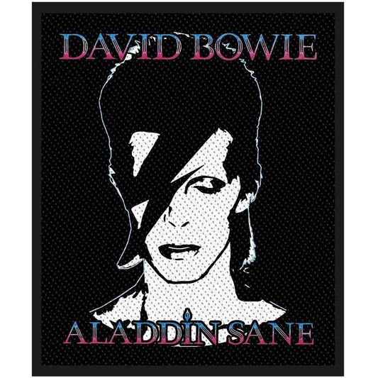 Patch officiel David Bowie Aladdin Sane avec portrait monochrome et célèbre éclair | Official David Bowie Aladdin Sane patch featuring a monochrome portrait with the iconic lightning bolt
