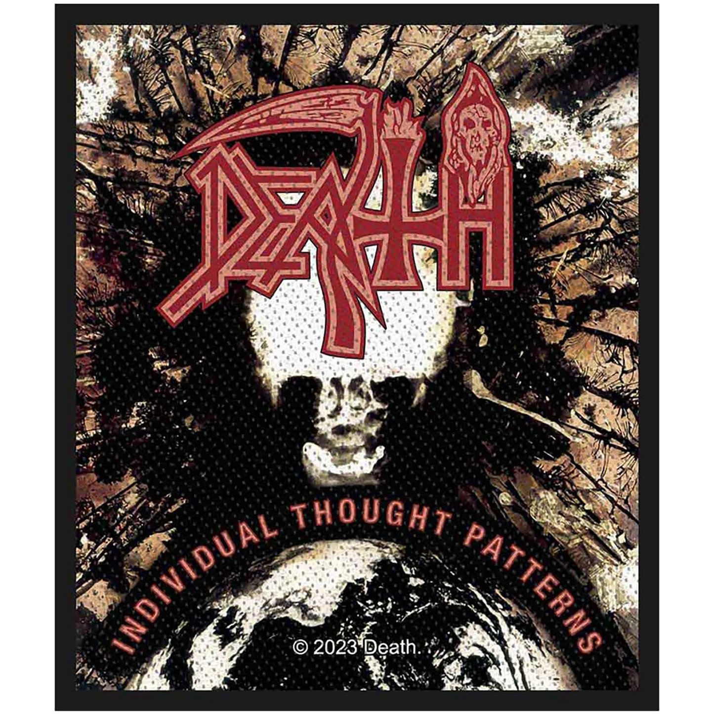 Patch brodé officiel Death Individual Thought Patterns avec le logo Death devant un crâne stylisé | Official embroidered Death Individual Thought Patterns patch featuring the Death logo above a stylised skull