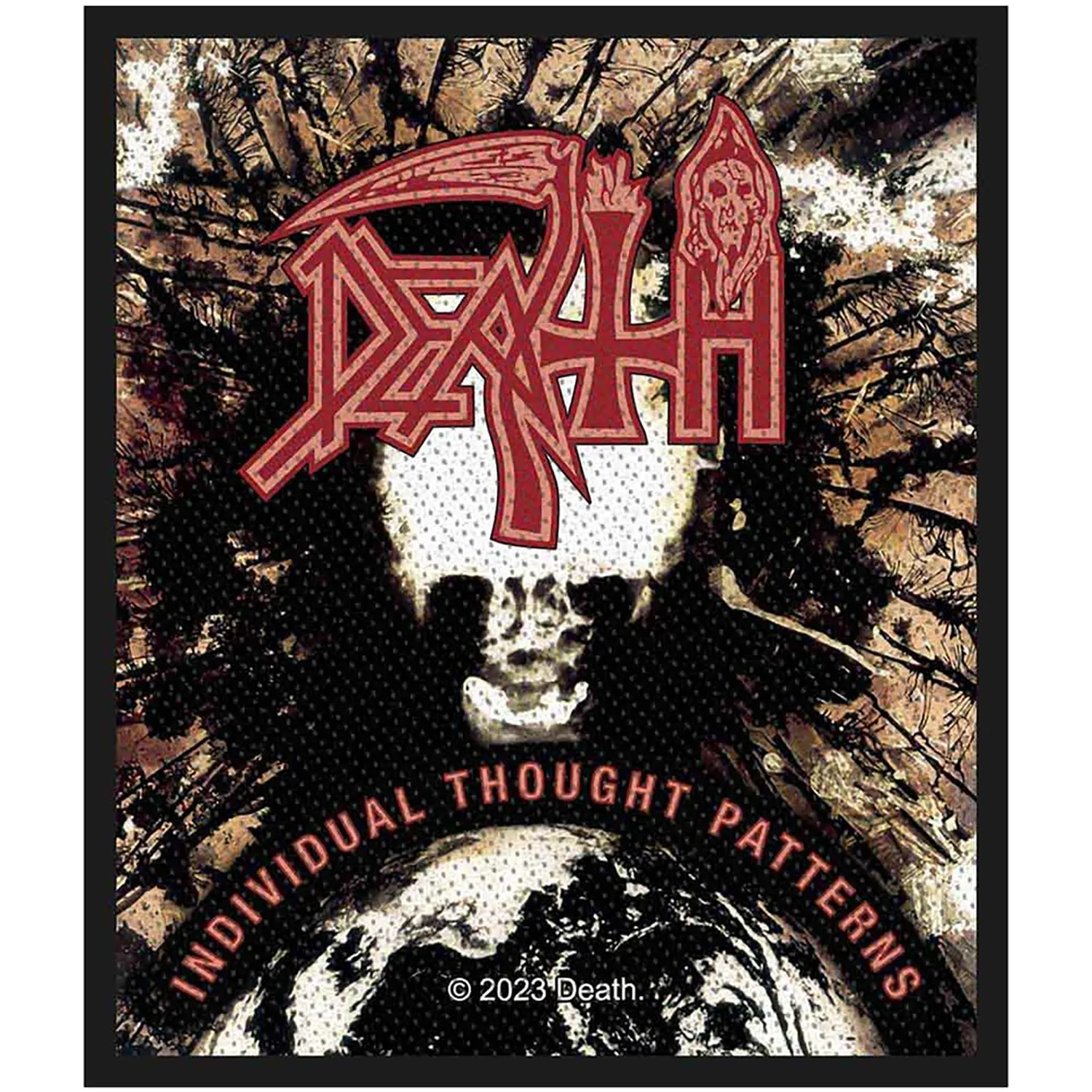 Patch brodé officiel Death Individual Thought Patterns avec le logo Death devant un crâne stylisé | Official embroidered Death Individual Thought Patterns patch featuring the Death logo above a stylised skull