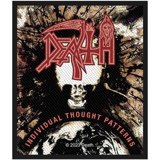 Patch brodé officiel Death Individual Thought Patterns avec le logo Death devant un crâne stylisé | Official embroidered Death Individual Thought Patterns patch featuring the Death logo above a stylised skull