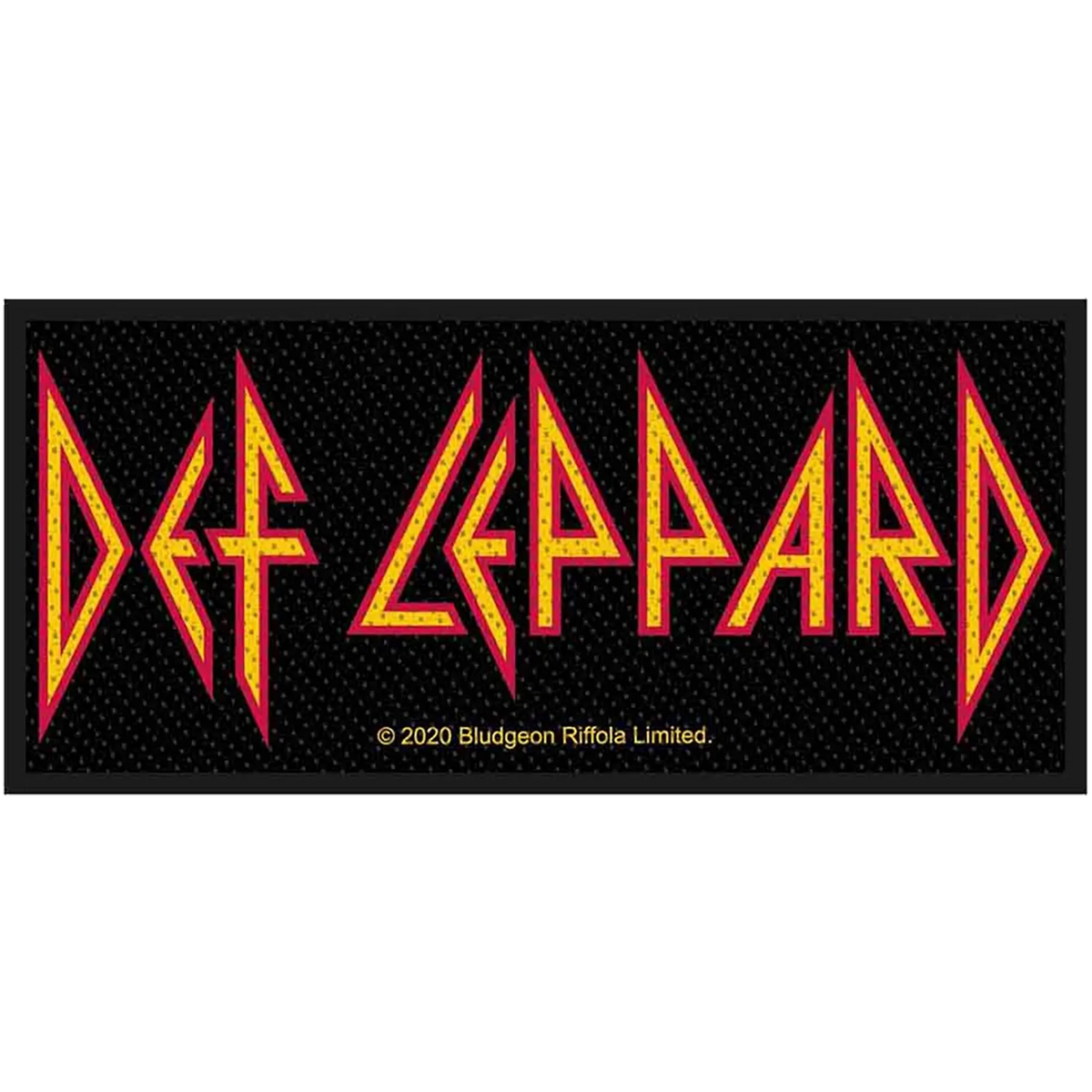 Patch à coudre officiel Def Leppard avec logo jaune et rouge emblématique sur fond noir, 10 × 4 cm | Official Def Leppard sew-on patch featuring the iconic yellow and red logo on a black background, 10 × 4 cm