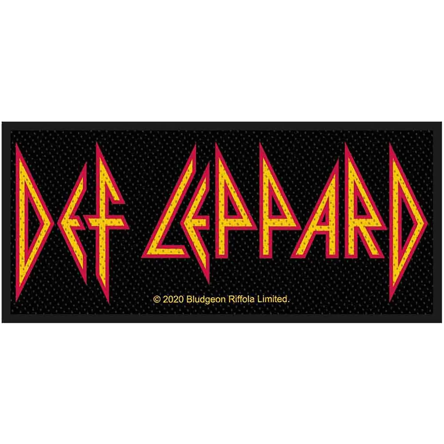Patch à coudre officiel Def Leppard avec logo jaune et rouge emblématique sur fond noir, 10 × 4 cm | Official Def Leppard sew-on patch featuring the iconic yellow and red logo on a black background, 10 × 4 cm