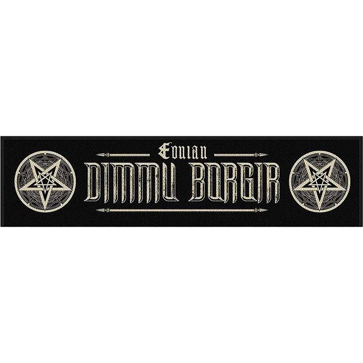 Patch à coudre officiel Dimmu Borgir Eonian avec logo, pentagrammes et broderie noire et blanche, 10 × 4 cm | Official Dimmu Borgir Eonian sew-on patch featuring the logo, pentagrams and black-and-white embroidery, 10 × 4 cm