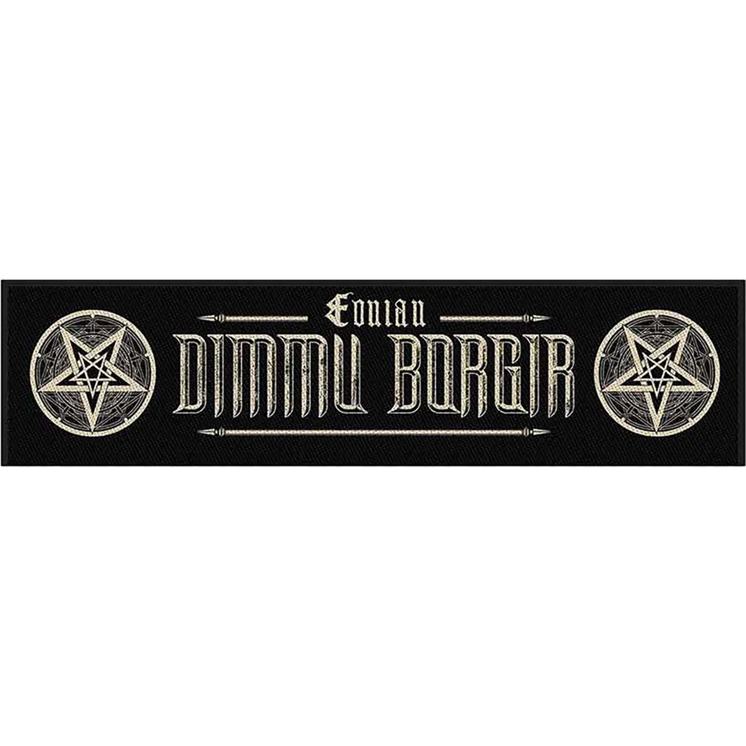 Patch à coudre officiel Dimmu Borgir Eonian avec logo, pentagrammes et broderie noire et blanche, 10 × 4 cm | Official Dimmu Borgir Eonian sew-on patch featuring the logo, pentagrams and black-and-white embroidery, 10 × 4 cm