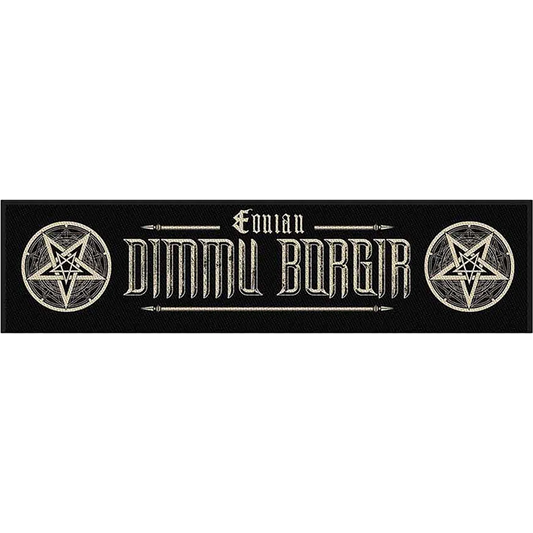 Patch à coudre officiel Dimmu Borgir Eonian avec logo, pentagrammes et broderie noire et blanche, 10 × 4 cm | Official Dimmu Borgir Eonian sew-on patch featuring the logo, pentagrams and black-and-white embroidery, 10 × 4 cm