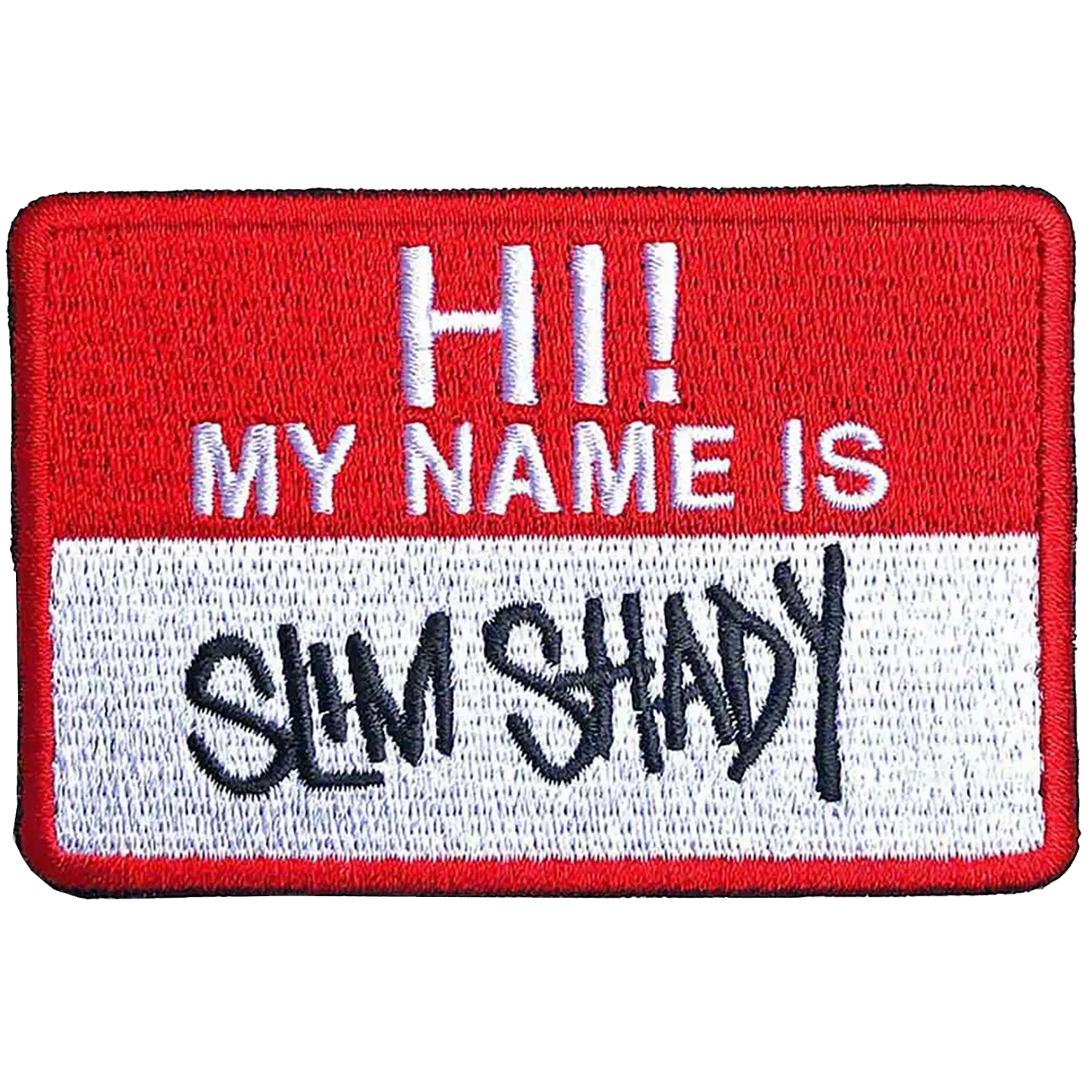 Patch Eminem Hi My Name Is Slim Shady brodé thermocollant rouge et blanc 8 × 5 cm | Eminem Hi My Name Is Slim Shady red and white embroidered iron-on patch 8 × 5 cm