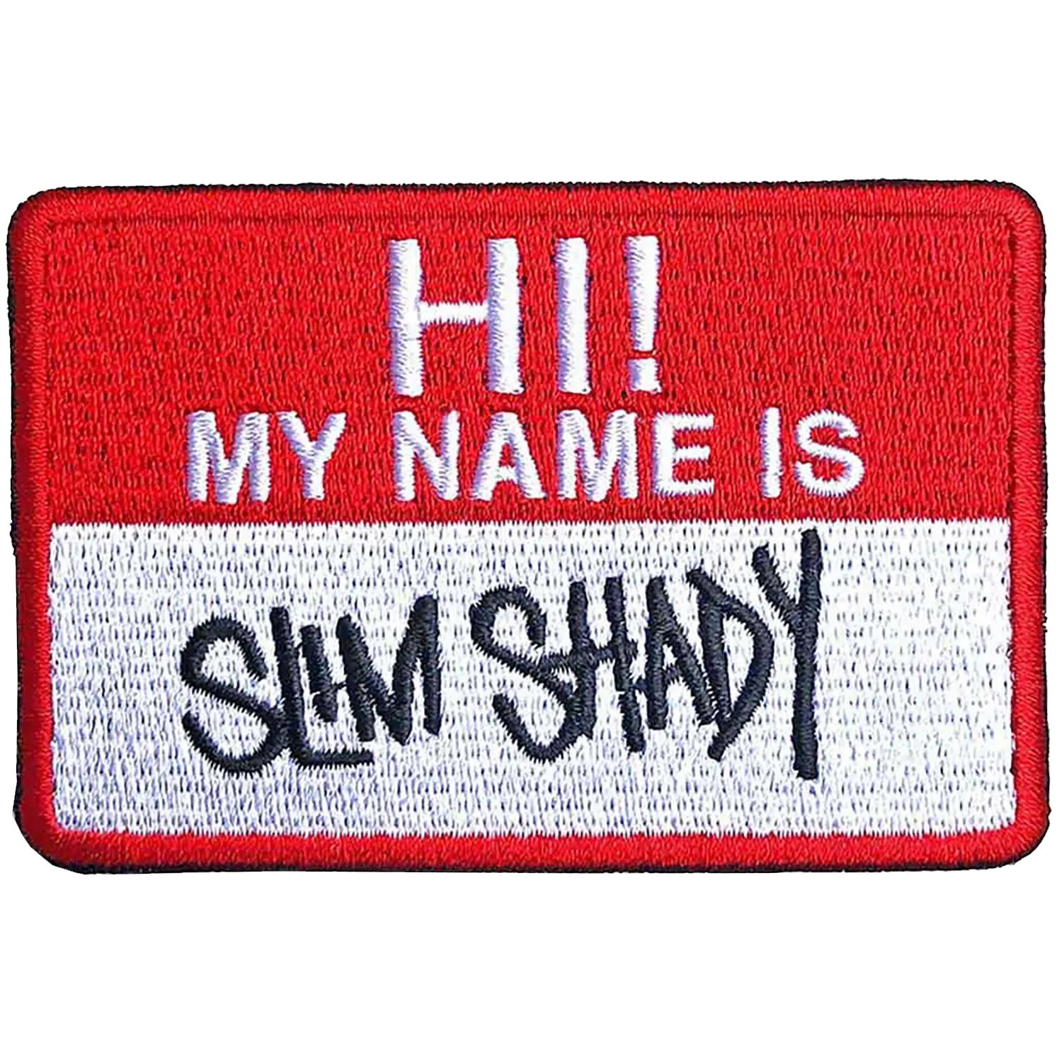 Patch Eminem Hi My Name Is Slim Shady brodé thermocollant rouge et blanc 8 × 5 cm | Eminem Hi My Name Is Slim Shady red and white embroidered iron-on patch 8 × 5 cm