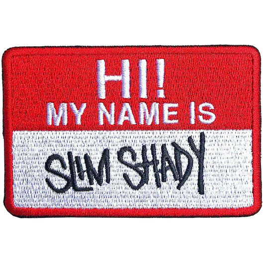 Patch Eminem Hi My Name Is Slim Shady brodé thermocollant rouge et blanc 8 × 5 cm | Eminem Hi My Name Is Slim Shady red and white embroidered iron-on patch 8 × 5 cm