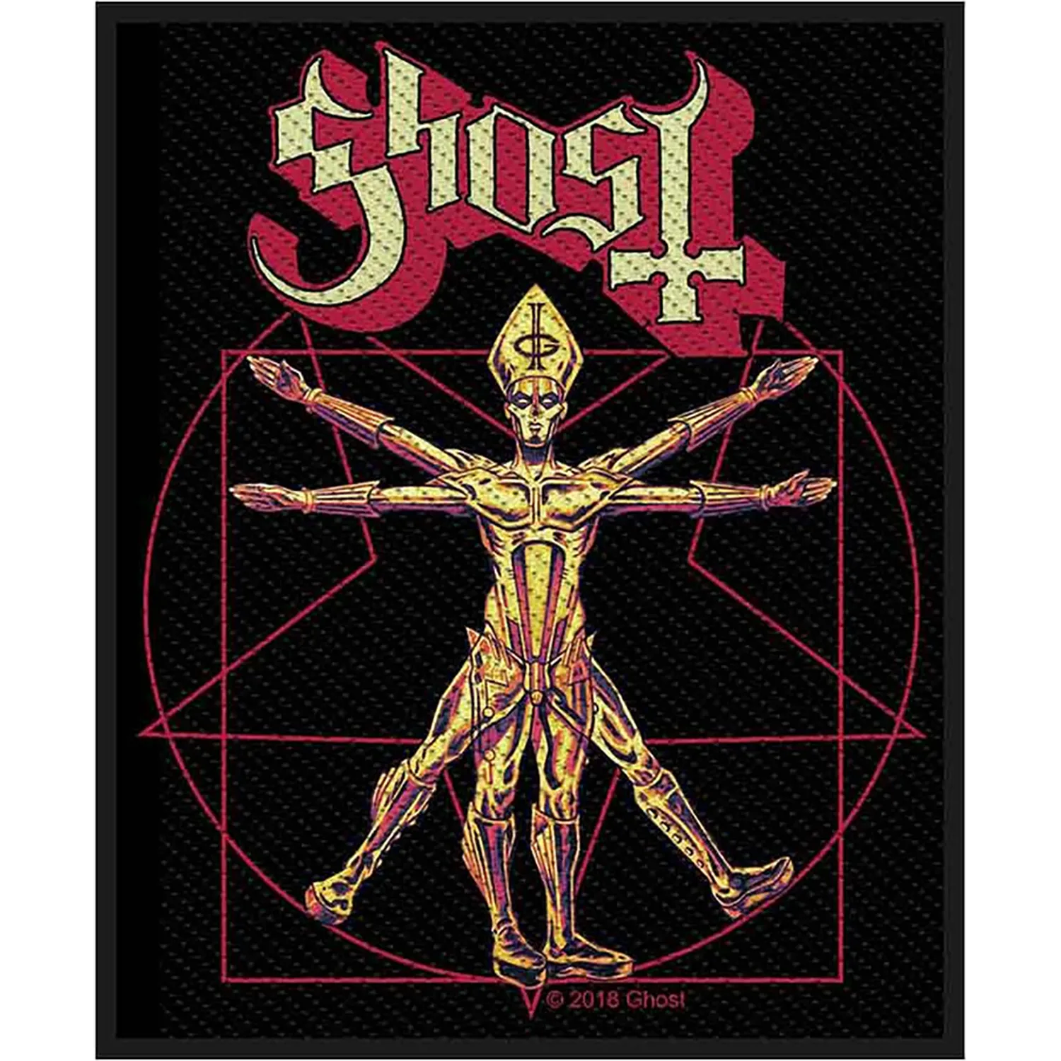 Patch à coudre Ghost officiel brodé 8 × 10 cm représentant Papa Emeritus dans une composition inspirée de l'Homme de Vitruve | Official Ghost embroidered sew-on patch 8 × 10 cm featuring Papa Emeritus in a composition inspired by the Vitruvian Man