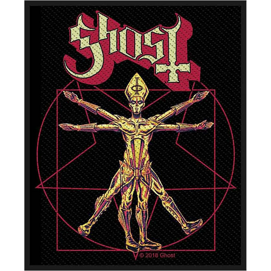 Patch à coudre Ghost officiel brodé 8 × 10 cm représentant Papa Emeritus dans une composition inspirée de l'Homme de Vitruve | Official Ghost embroidered sew-on patch 8 × 10 cm featuring Papa Emeritus in a composition inspired by the Vitruvian Man