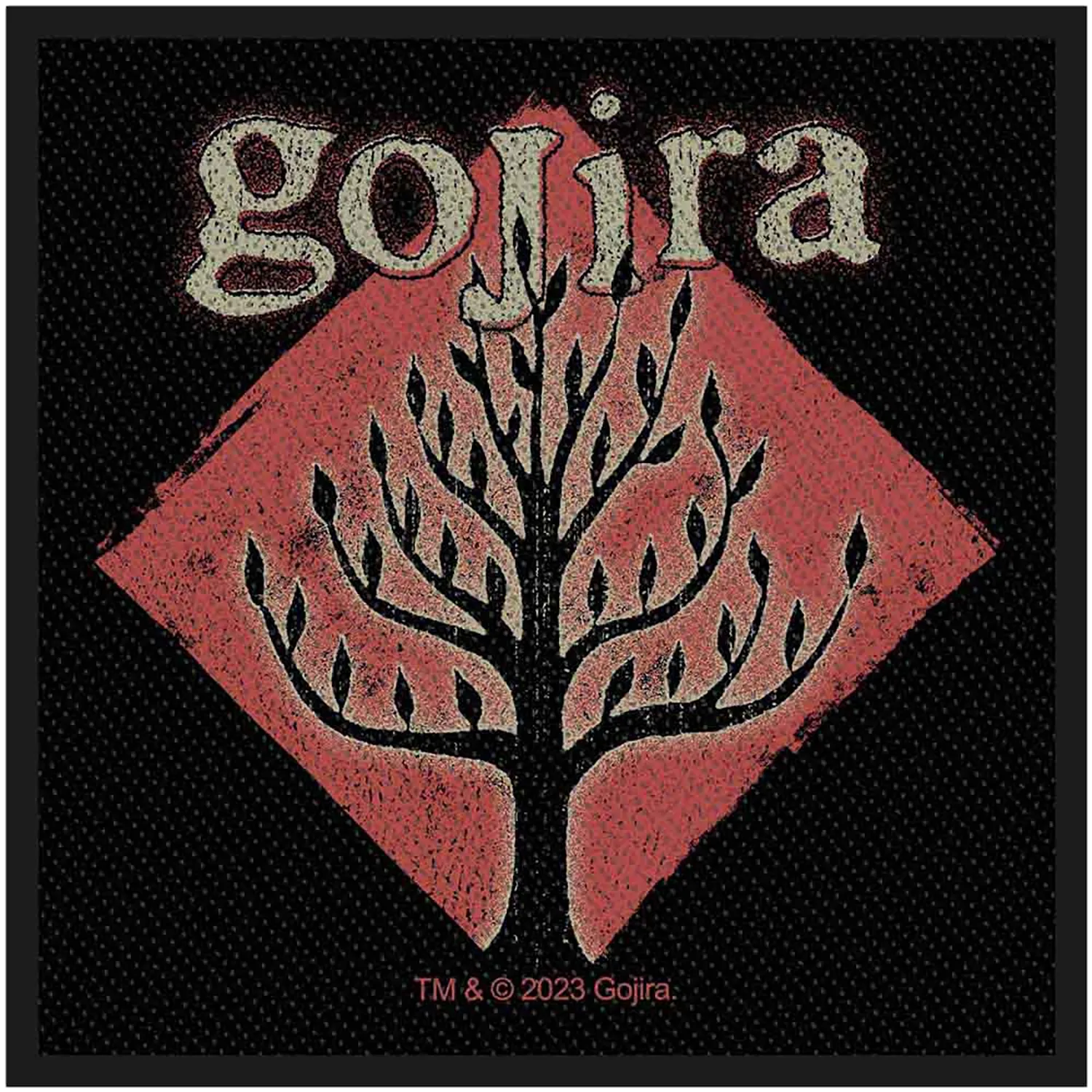 Patch à coudre Gojira Tree of Life officiel brodé 10 × 10 cm représentant un arbre stylisé sur fond rouge | Official Gojira Tree of Life embroidered sew-on patch 10 × 10 cm featuring a stylised tree on a red background