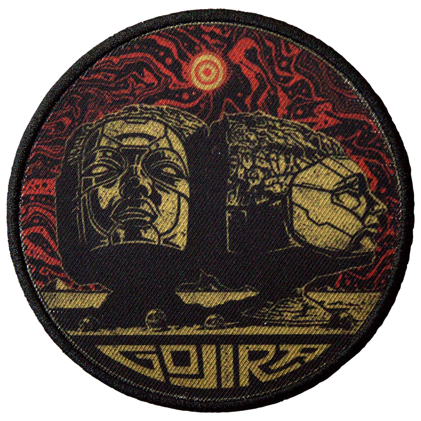 Patch Gojira Sculpted Heads rond thermocollant noir, ocre et rouge – Ø 8,5 cm | Gojira Sculpted Heads round iron-on patch in black, ochre and red – Ø 8.5 cm