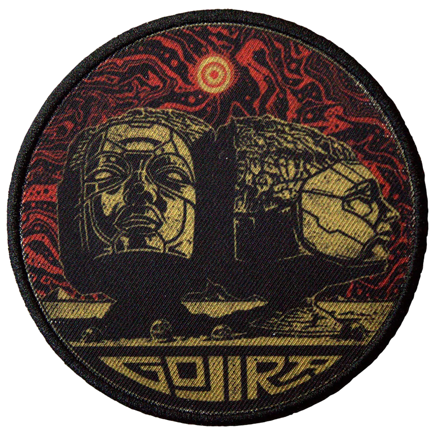 Patch Gojira Sculpted Heads rond thermocollant noir, ocre et rouge – Ø 8,5 cm | Gojira Sculpted Heads round iron-on patch in black, ochre and red – Ø 8.5 cm