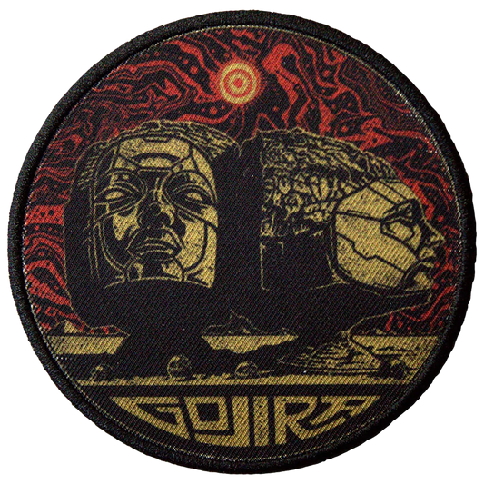 Patch Gojira Sculpted Heads rond thermocollant noir, ocre et rouge – Ø 8,5 cm | Gojira Sculpted Heads round iron-on patch in black, ochre and red – Ø 8.5 cm