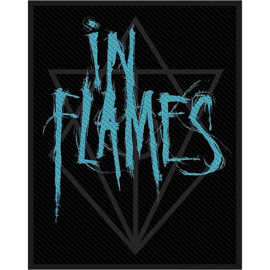 Patch à coudre officiel In Flames avec logo bleu et symbole géométrique sur fond noir, 10 × 10 cm | Official In Flames sew-on patch featuring blue logo and geometric symbol on black background, 10 × 10 cm