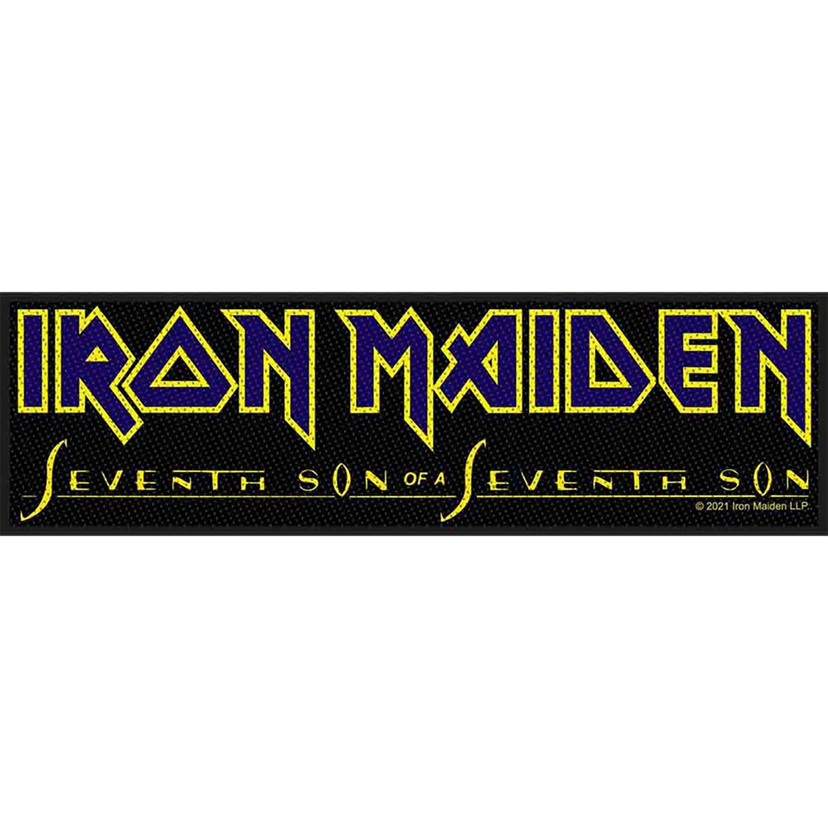 Patch à coudre Iron Maiden Seventh Son of a Seventh Son officiel brodé 18,5 × 5 cm avec logo du groupe et titre de l'album | Official Iron Maiden Seventh Son of a Seventh Son embroidered sew-on patch 18.5 × 5 cm featuring the band logo and album title